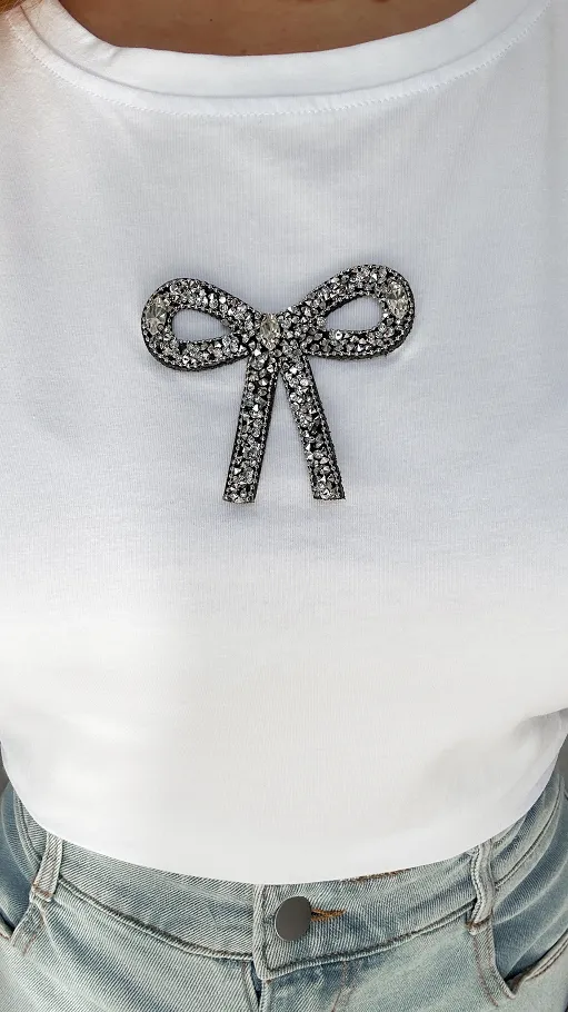Biała EKSKLUZYWNA bluzka t-shirt z kokardką ONE SIZE - P390