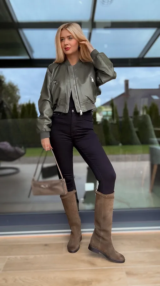 Oryginalna kurtka bomberka z eko skóry KHAKI - R167A