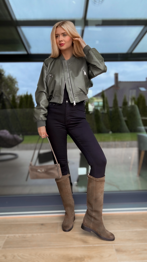 Oryginalna kurtka bomberka z eko skóry KHAKI - R167A