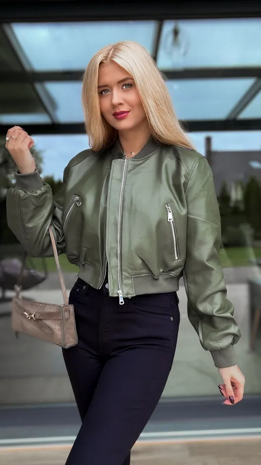 Oryginalna kurtka bomberka z eko skóry KHAKI - R167A