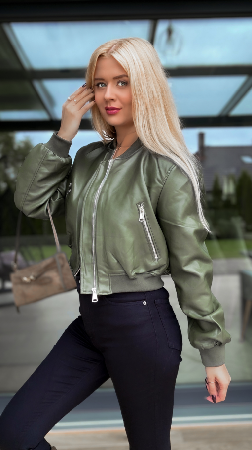 Oryginalna kurtka bomberka z eko skóry KHAKI - R167A