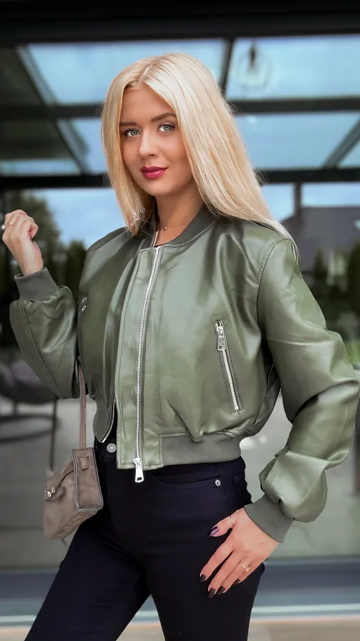 Oryginalna kurtka bomberka z eko skóry KHAKI - R167A