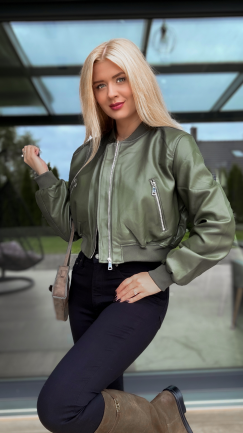 Oryginalna kurtka bomberka z eko skóry KHAKI - R167A