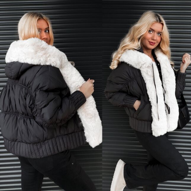 Lekka kurtka zimowa z futerkiem w stylu bomberka BLACK - R303