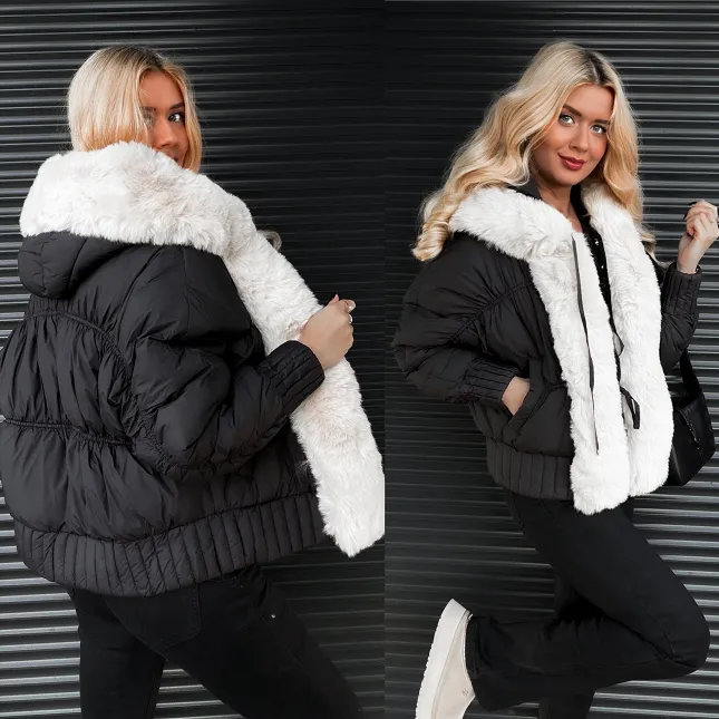 Lekka kurtka zimowa z futerkiem w stylu bomberka BLACK - R303