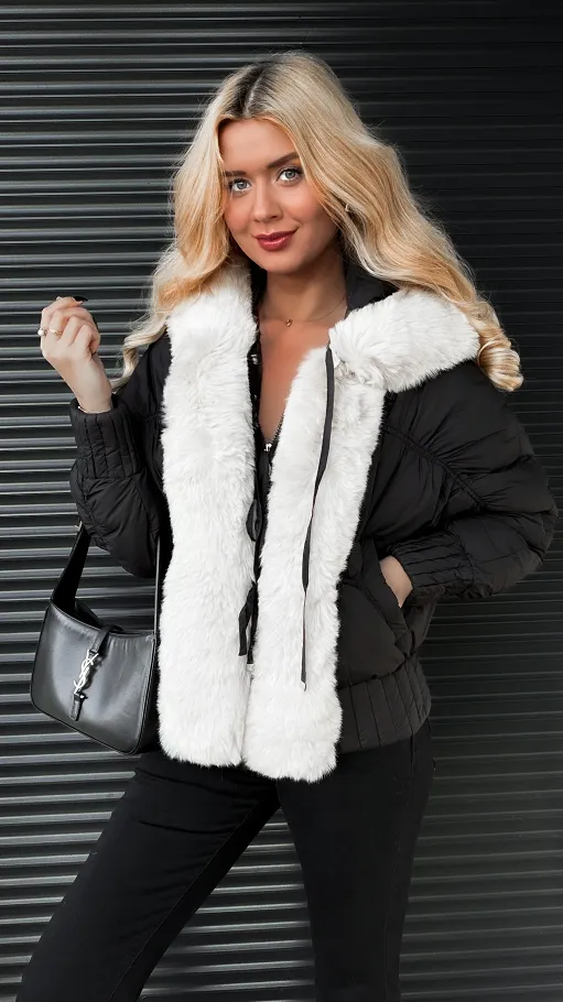 Lekka kurtka zimowa z futerkiem w stylu bomberka BLACK - R303