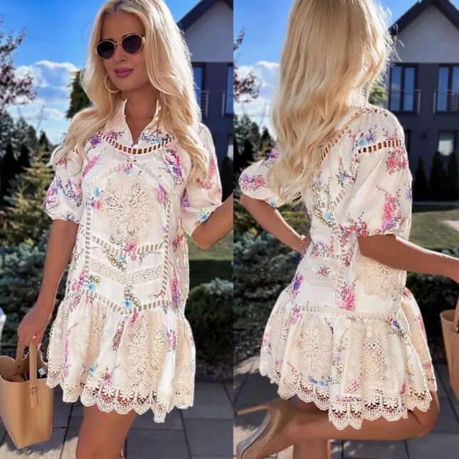 Oryginalna sukienka z koronkami w malowane kwiaty LEN i BAWEŁNA - R770