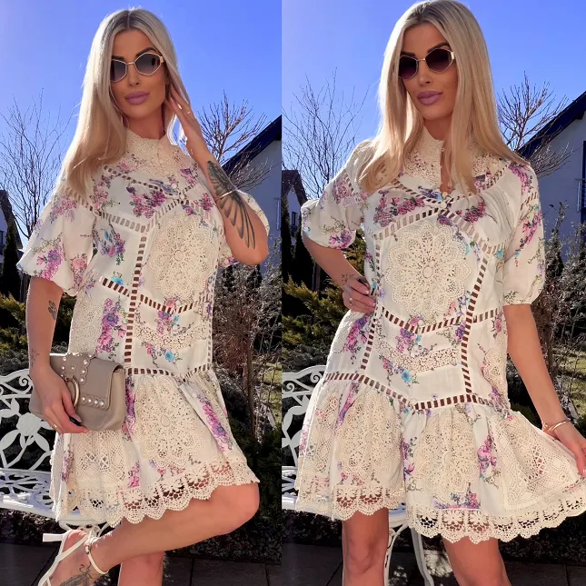 Oryginalna sukienka z koronkami w malowane kwiaty LEN i BAWEŁNA - R770