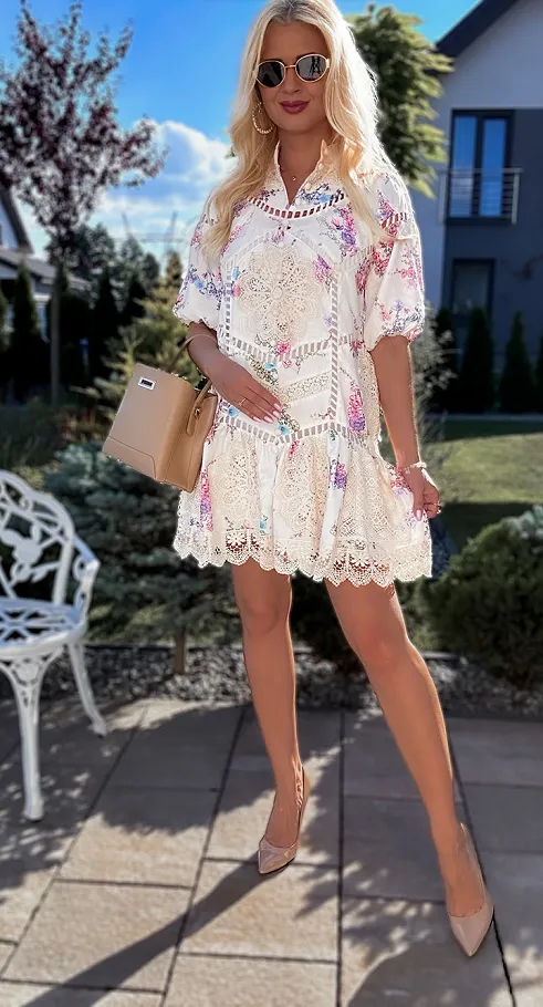 Oryginalna sukienka z koronkami w malowane kwiaty LEN i BAWEŁNA - R770