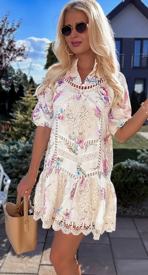 Oryginalna sukienka z koronkami w malowane kwiaty LEN i BAWEŁNA - R770