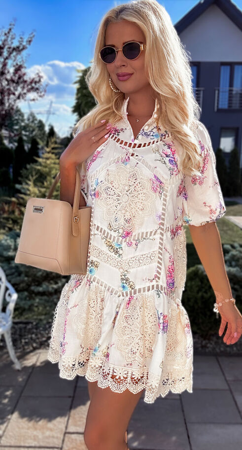 Oryginalna sukienka z koronkami w malowane kwiaty LEN i BAWEŁNA - R770