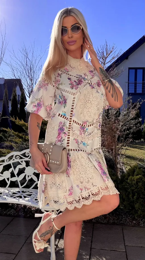 Oryginalna sukienka z koronkami w malowane kwiaty LEN i BAWEŁNA - R770