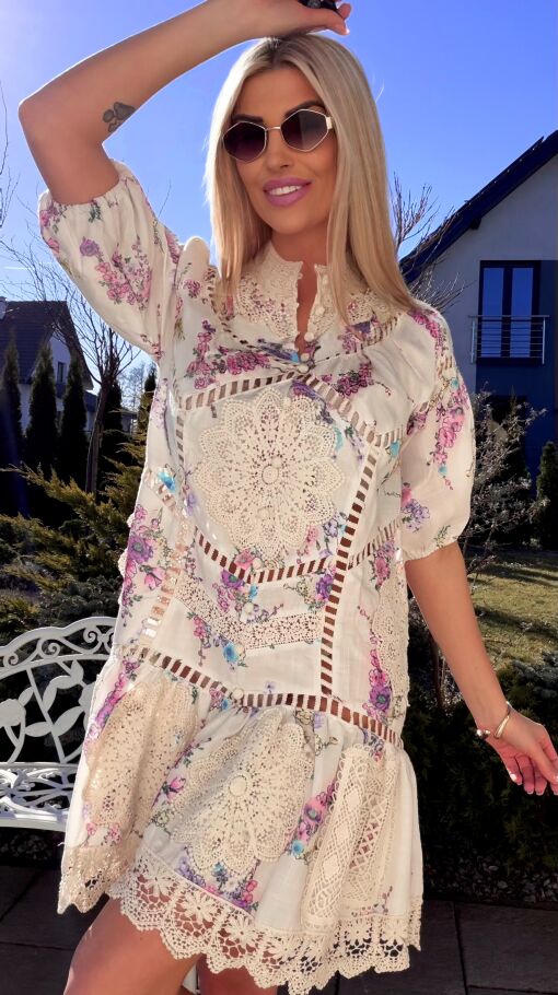 Oryginalna sukienka z koronkami w malowane kwiaty LEN i BAWEŁNA - R770