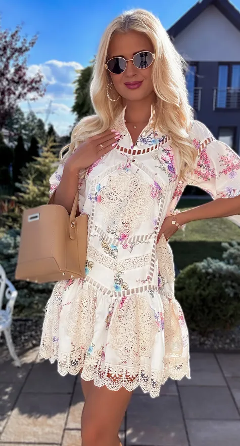 Oryginalna sukienka z koronkami w malowane kwiaty LEN i BAWEŁNA - R770