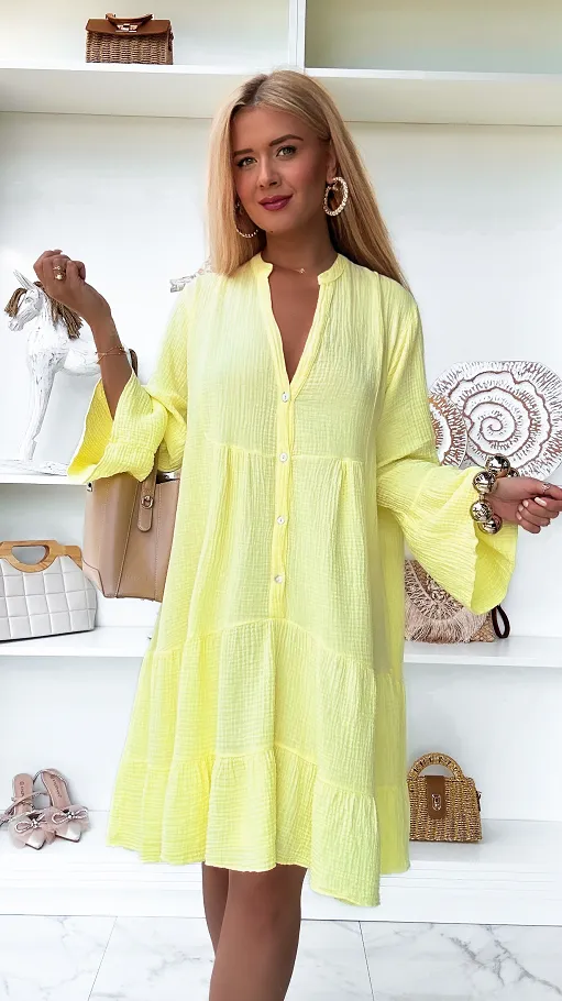 Żółta muślinowa sukienka z bawełny duży OVERSIZE - P904A
