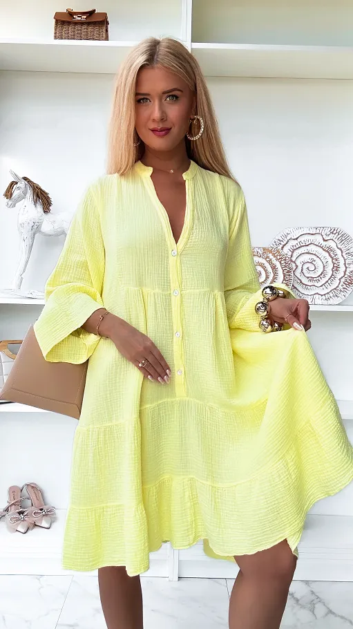 Żółta muślinowa sukienka z bawełny duży OVERSIZE - P904A