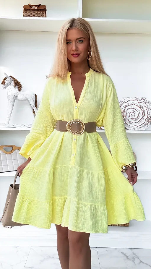 Żółta muślinowa sukienka z bawełny duży OVERSIZE - P904A