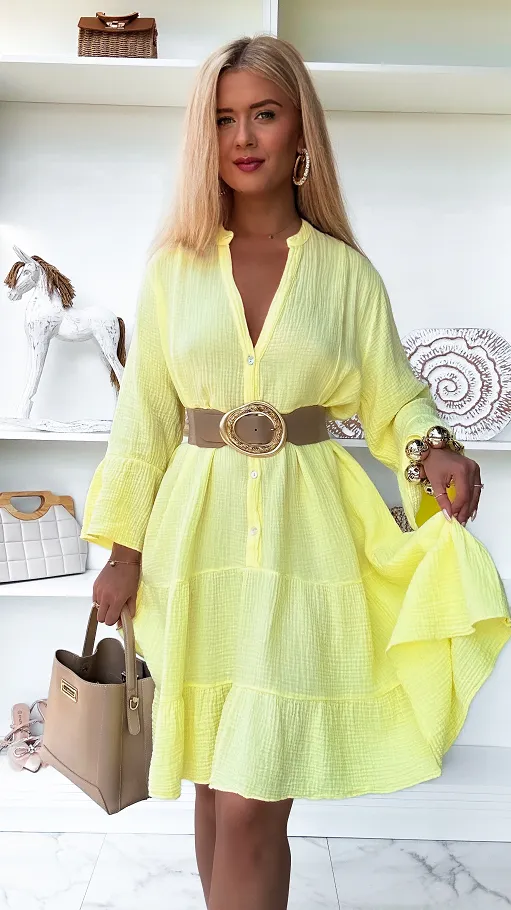 Żółta muślinowa sukienka z bawełny duży OVERSIZE - P904A