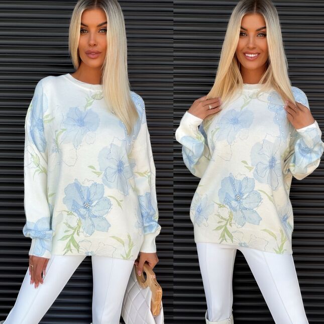 Oryginalny jasny sweter w malowane niebieskie kwiaty ONE SIZE - S528A
