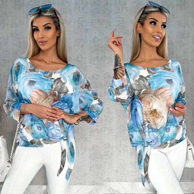 Wiosenna bluzka w piwonie z wiązaniem w pasie BLUE - R529A