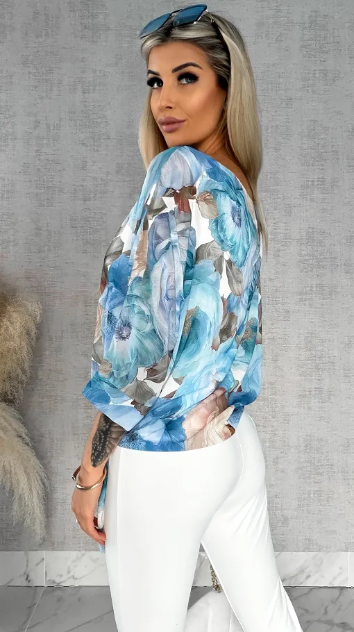 Wiosenna bluzka w piwonie z wiązaniem w pasie BLUE - R529A