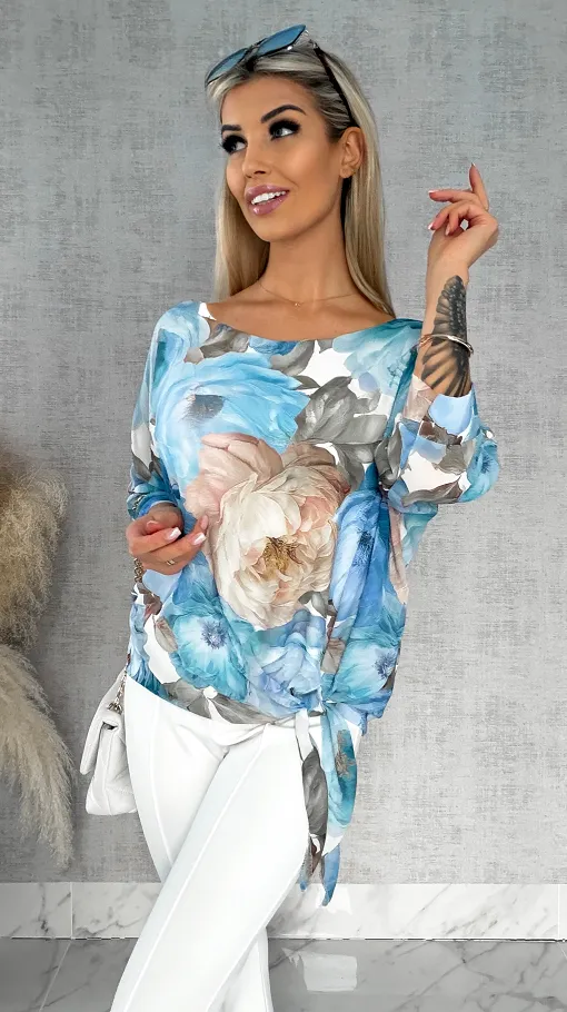 Wiosenna bluzka w piwonie z wiązaniem w pasie BLUE - R529A