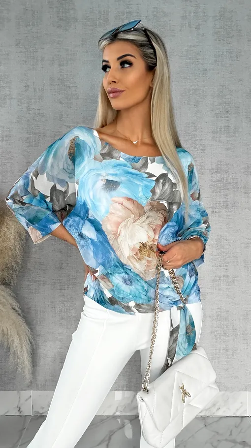 Wiosenna bluzka w piwonie z wiązaniem w pasie BLUE - R529A