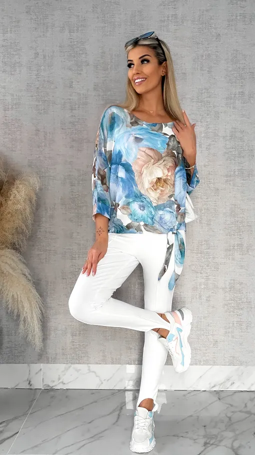 Wiosenna bluzka w piwonie z wiązaniem w pasie BLUE - R529A