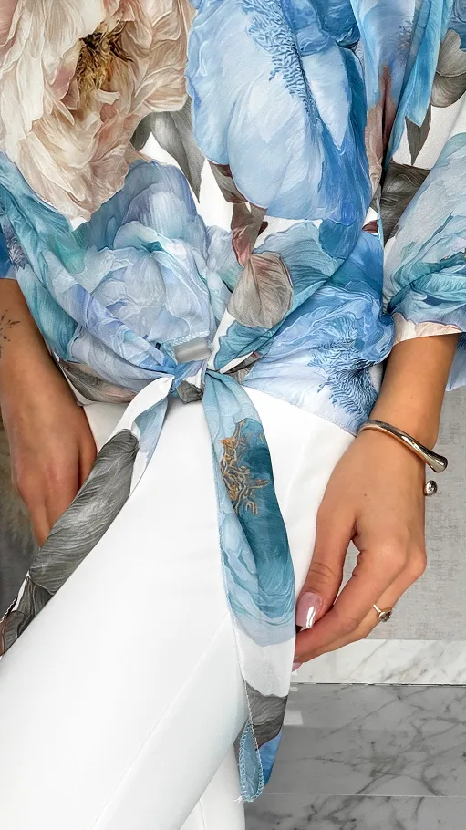 Wiosenna bluzka w piwonie z wiązaniem w pasie BLUE - R529A