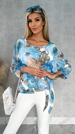 Wiosenna bluzka w piwonie z wiązaniem w pasie BLUE - R529A