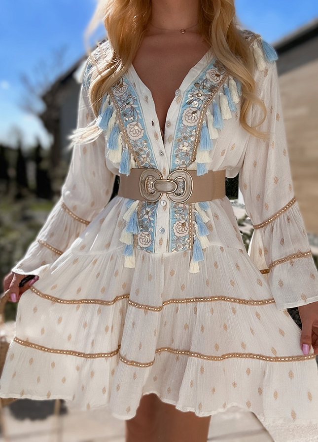 Wyjątkowa boho sukienka PREMIUM złote grochy WISKOZA white/blue - N113A