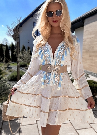 Wyjątkowa boho sukienka PREMIUM złote grochy WISKOZA white/blue - N113A