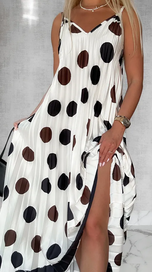 MAXI sukienka ECRU plisowana w duże grochy ONE SIZE - P777
