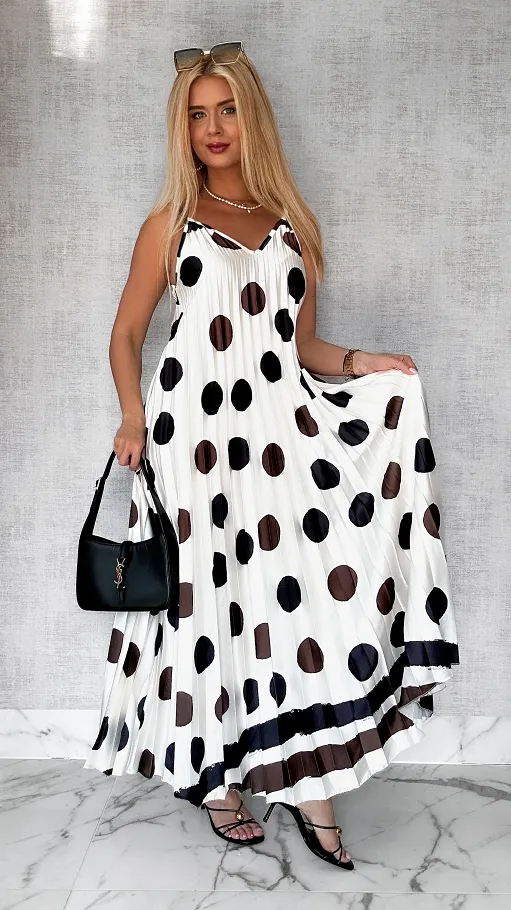 MAXI sukienka ECRU plisowana w duże grochy ONE SIZE - P777