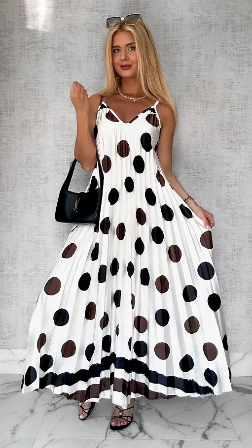 MAXI sukienka ECRU plisowana w duże grochy ONE SIZE - P777