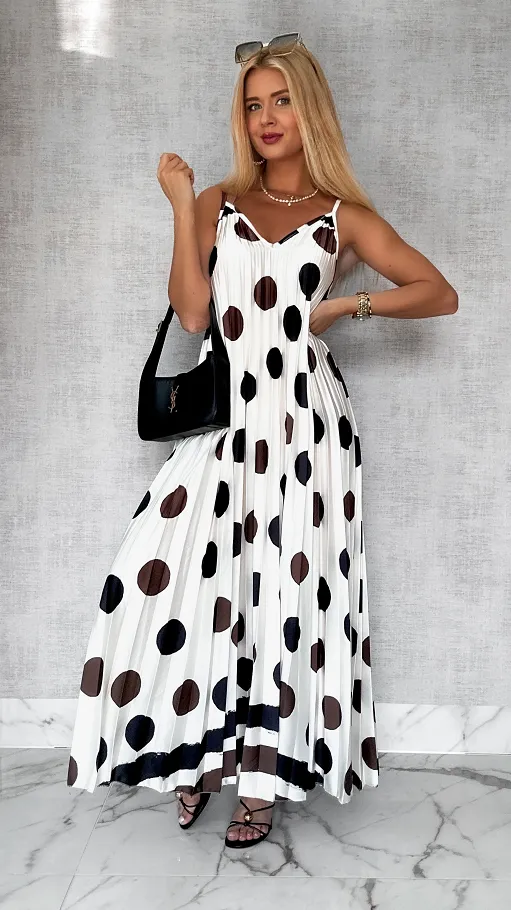 MAXI sukienka ECRU plisowana w duże grochy ONE SIZE - P777