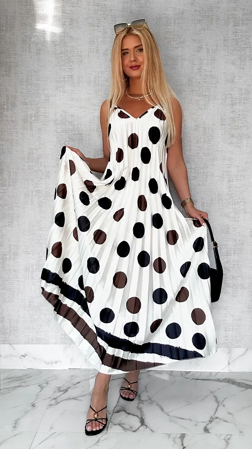 MAXI sukienka ECRU plisowana w duże grochy ONE SIZE - P777