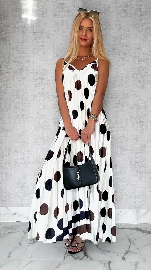MAXI sukienka ECRU plisowana w duże grochy ONE SIZE - P777