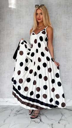 MAXI sukienka ECRU plisowana w duże grochy ONE SIZE - P777
