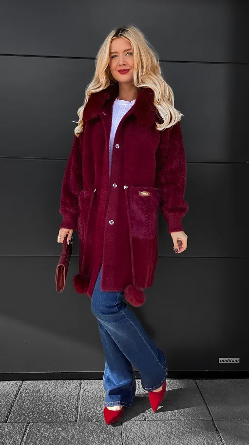 Bordowy wełniany płaszcz ALPAKA z kapturem i futerkiem ONE SIZE - R118