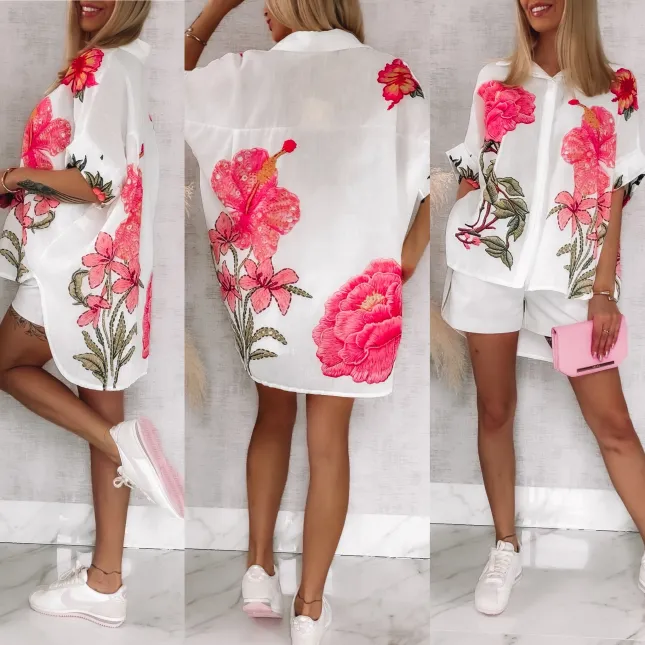 Asymetryczna lniana koszula w różowe kwiaty ONE SIZE biała - R944