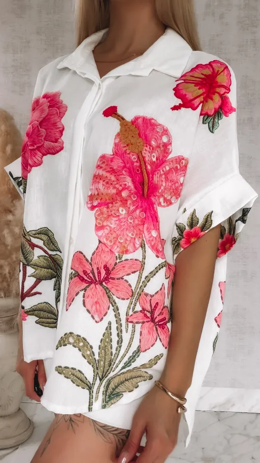 Asymetryczna lniana koszula w różowe kwiaty ONE SIZE biała - R944