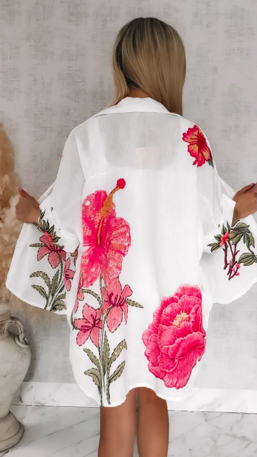 Asymetryczna lniana koszula w różowe kwiaty ONE SIZE biała - R944