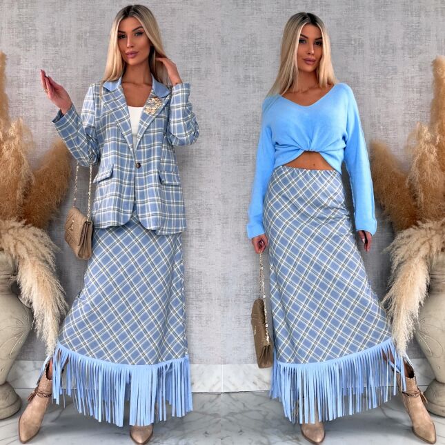 Elegancka spódnica w kratkę BLUE z frędzlami ONE SIZE - R524