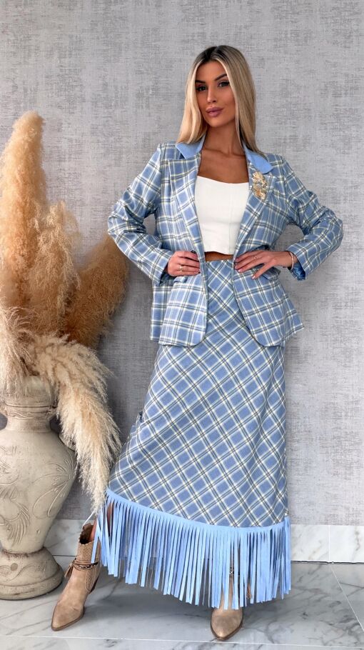 Elegancka spódnica w kratkę BLUE z frędzlami ONE SIZE - R524