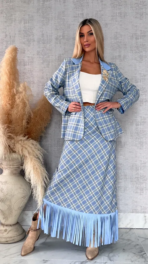 Elegancka spódnica w kratkę BLUE z frędzlami ONE SIZE - R524