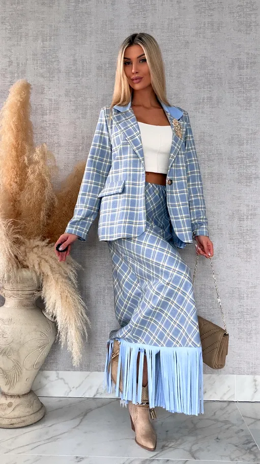 Elegancka spódnica w kratkę BLUE z frędzlami ONE SIZE - R524