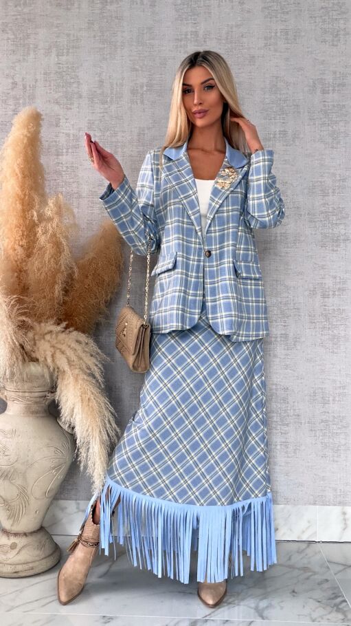 Elegancka spódnica w kratkę BLUE z frędzlami ONE SIZE - R524