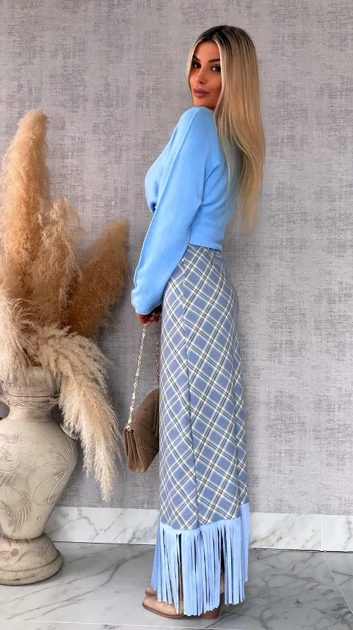 Elegancka spódnica w kratkę BLUE z frędzlami ONE SIZE - R524