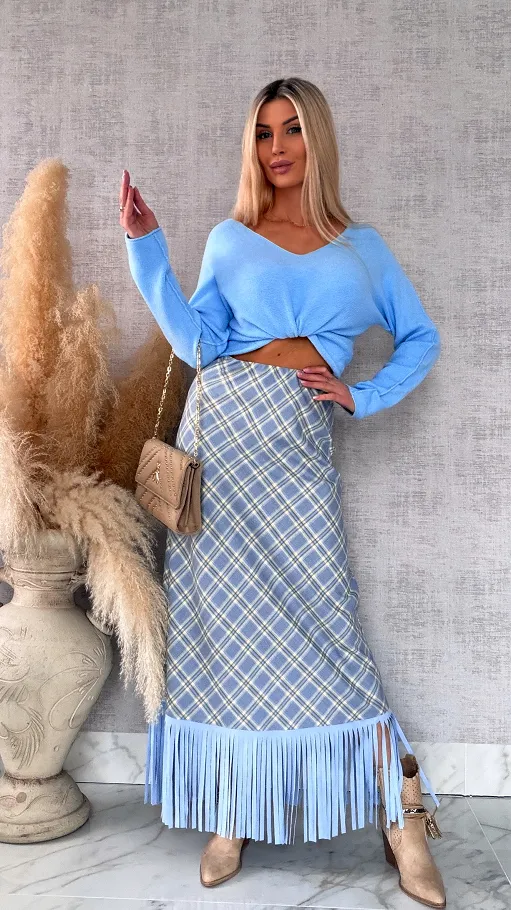 Elegancka spódnica w kratkę BLUE z frędzlami ONE SIZE - R524